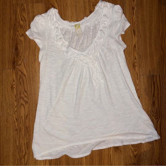 Anthropologie C. Keer Ruffled Scoop Neck Cap Sleeve White Slubbed Cotton Large - Picture 10 of 15